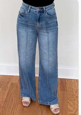 Risen Jeans High Waist Pintuck Wide Leg Jeans Med Wash 3XL